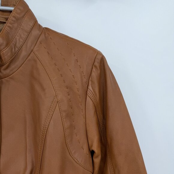 Quince 100% Leather Stand-Collar Jacket size M Women's in Cognac Brown Full Zip - Picture 4 of 16